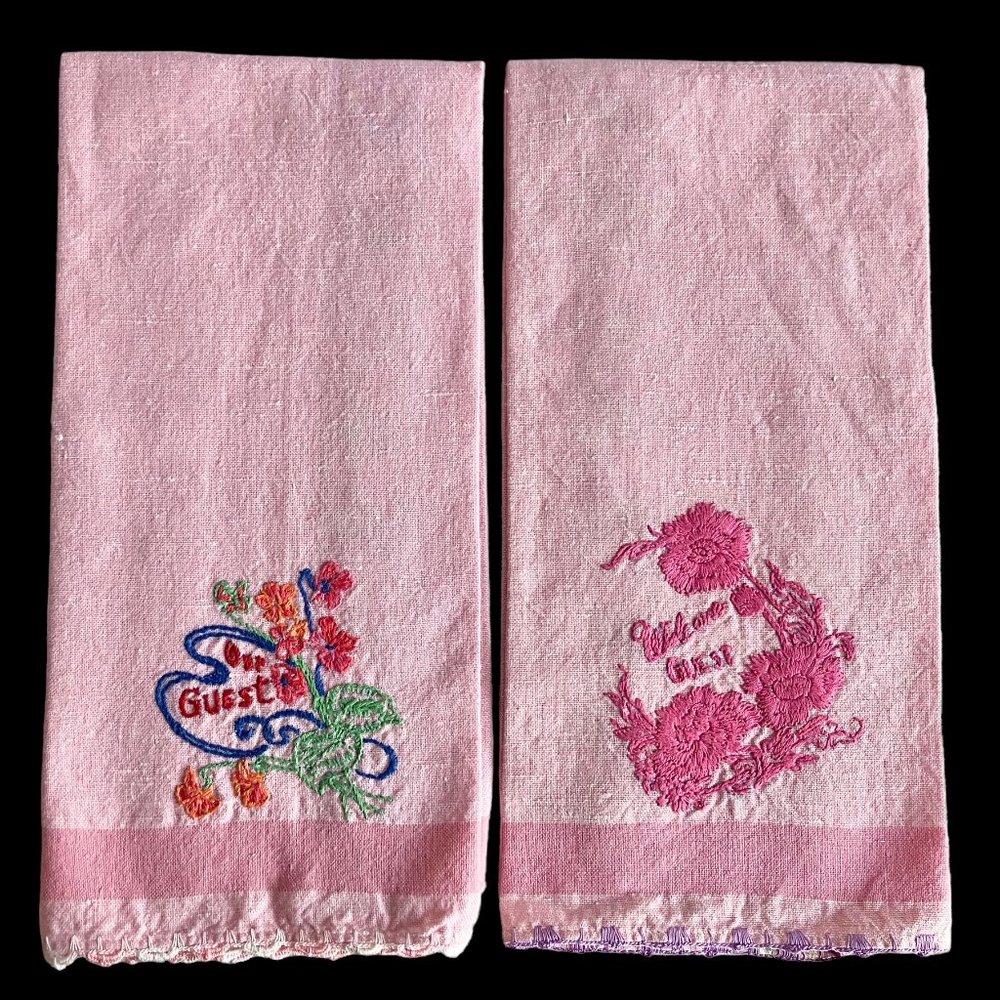 Vintage Hand Embroidered Pink Guest Hand Towels